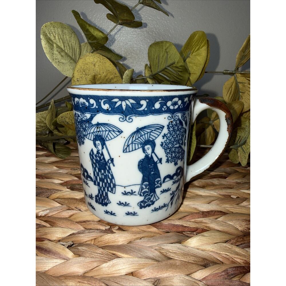 Vintage Japanese Geisha Stoneware Mug Blue Gray Speckled Pottery Cup 3.5"